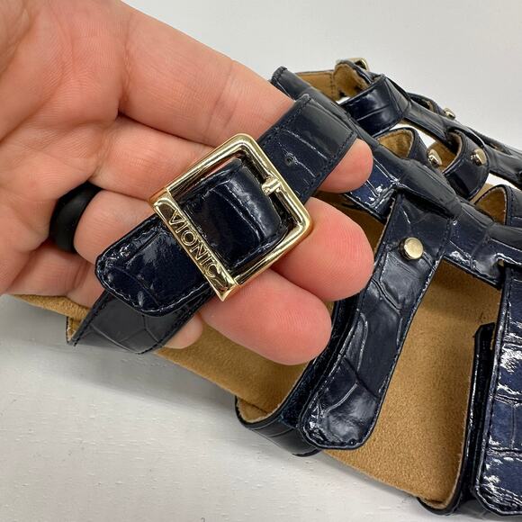 Vionic Radia Slip On Wedge Patent Croc Leather Blue Sandal Womens Size 9 - Picture 3 of 14